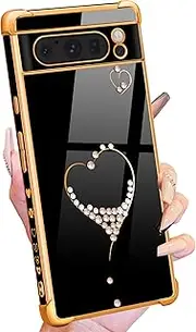 [Petitian] for Pixel 8 Pro Case - Women Girls Bling Glitter Heart Design for Google Pixel 8 Pro Case, Cute Girly Sparkle Gold Plating 8 Pro Phone Cases Cover Funda Black