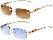 LeoLeoii Small Narrow Rimless Sunglasses Fashion Frameless Rectangle Tinted Lens Eyewear 90s Glasses for Women Men (2pc:Brown Gradient+Blue Gradient)