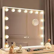Large Vanity Mirror with Lights, Time Display, Hollywood Lighted Makeup Mirror with 15 Dimmable LED Bulbs for Dressing Room & Bedroom, Tabletop, Slim Metal Frame Design, White