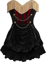 [Daisy corsets] Womens 2 Pc Black & Red Velvet W/Fringe Steel Boned Corset & Skirt Set Bustier Dress