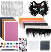 33 Pcs DIY Cat Mask Kit, Blank Therian Mask Making Kit with Fur and Eye Mesh, Paint Masquerade Costume Prop, DIY Paper Masks Painting Set for Carnival, Halloween, Carnival Cosplay Dance Party