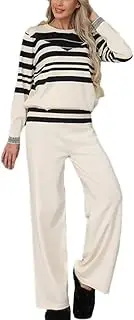 [Generic] Women's Knitted Two Pieces Suit Striped Pullover Sweater Solid Wide Legs Pants Matching Set Lounge Set Tracksuits