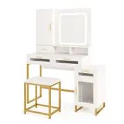 Costway 3-Color LED Lighted Dressing Table & Stool w/Power Outlets Vanity Set