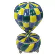 Hotair Balloon Music Enamel Blu Checker Figurine Collectible Jewelry Trinket Box
