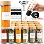 24 Glass Spice Jars with Label, Round Bamboo Spice Jar Set, Seasoning Containers with Labels, Salt Grinder, 374 Spice Labels, Spice Bottles Funnel Empty Spice Jars with Shaker Lids Spice Containers
