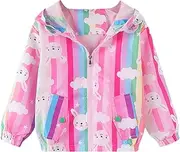 [Domueay] Softshell Jacket Girls' Transition Jacket Children's Spring Autumn Jackets Flowers Rainbow Lightweight Jacket with Hood Thin Lined Wind Jacket Breathable Coats 2-7 Years, Size 92-122, Colorful