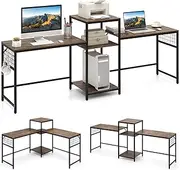 Giantex L-Shaped Desk, 240 cm Long Convertible 2-Person Desk with Printer Stand & Adjustable Shelf, Industrial Computer Desk Workstation for Writing, Gaming, Rustic Brown