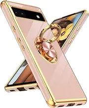 [LeYi] for Google Pixel 6A Case: 360° Rotatable Ring Holder Magnetic Kickstand, Plating Rose Gold Edge Protective Google Pixel 6A Case, Pink