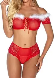 [Generic] Sexy Lingerie Garter Set Santa Lingerie Red V Neck Lace Set Role Playing Lingerie for Women Plus