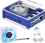 GeeekPi Case for Raspberry Pi 4, Case with Fan 40X40X10mm (Blue Backlight) and 4pcs Heatsinks for Raspberry Pi 4 Model B (Blue&Clear)