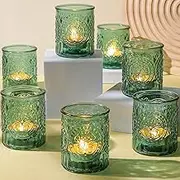 12PCS Green Glass Votive Candle Holders, Vintage Tealight Holders for Wedding Party Table Centerpieces, Tea Lights Bulk Gift Giving, Birthday, Home Decor