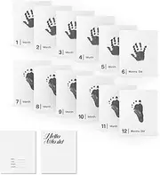 14 Pieces Baby Inkless Milestone Cards,1 Month to 12 Month Hand and Footprint Kit,Dog or Cat Pet Paw Print Kit,Newborn Safe Inkless Pad,Hello World Newborn Sign Memory Kit(14 Ink Pad+14 Papers)