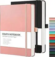 RETTACY Graph Paper Notebook, 2-Pack, A5 Grid Notebook Journal with 192 Pages per Pack, 5.7'' × 8.3'', Medium Size, Leather Hardcover, 100 GSM Thick Paper, for Math, Engineering (Black & Pink)