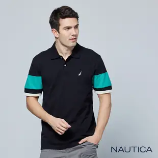 Nautica 男裝 跳色拼接袖短袖POLO衫-黑色