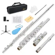 C Flute - 16 Key Silver Plated Beginner Flute with Cleaning Kit, Stand, Case,...