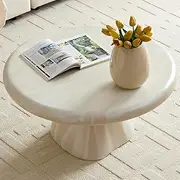 Beige Round Coffee Table, 80CM Fiberglass with Faux Marble Finish, Modern Minimalist Center Table for Living Room, Bedroom, Office, Waiting Room, No Assembly Required