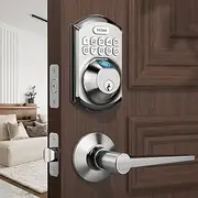 TEEHO TE002L Fingerprint Door Lock with 2 Lever Handles, Keyless Entry Deadbolt with Handle Set, Electronic Keypad Deadbolt for Front Door, Auto Lock and 1 Touch Locking, Satin Nickel