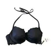 SUNDAZED Halter Bikini Swim Top Size 36D Black Lettuce Edge, Padded Underwire