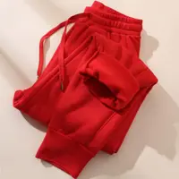 在飛比找ETMall東森購物網優惠-加絨寬松束腳紅色顯瘦休閑運動褲