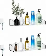 Acrylic Shower Caddy Shelf 2- Pack of Traceless Adhesive Wall Mounted, No Drilling and Anti-rust, Clear Storage Rack for Shampoo Holder, Floating Acrylic Bathroom Shelves with Hooks for Razor