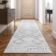 JINCHAN Runner Rug Moroccan Kitchen Rug with Line Bohemian Hallway Washable Runner Rug Modern Geometric Soft Faux Wool Rug 61x305CM Indoor Non Slip Carpet Bathroom Laundry Room Bedroom Farmhouse Grey