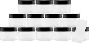 4oz Clear Straight Sided PET Plastic Jars with Labels & Spatulas & Black Lids; Low Profile Refillable Empty BPA-Free Containers Great for Cosmetics, Kitchen, Gifts & Travel (12-Pack, Clear)