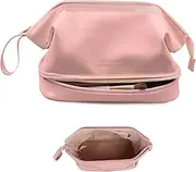 BLAZDEVE Double Layer Cosmetic Bag, Large Capacity Portable Toiletry Organizer, Travel Makeup Kit, PU Leather Waterproof Case for Women (Pink)