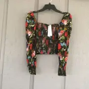 Alice And Olivia Cooper Floral Top L Smocked Bodice Square Neck Long Sleeve Boho