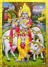 Crafts of India Krishna With Cow Poster/Reprint Hindu God Picture with Golden Foil (Unframed : Size 5"X7" inches)