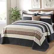 DUOHONG 128"x120" Oversized Bedspread - 100% Cotton, Striped Pattern California King Extra Large Quilt, Cal King XL Bed Spread Lightweight Comforter, 3pcs, Dark Blue/Beige/White