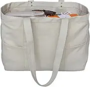 [JIRONN] Large Canvas Tote Bag with 2 Front Pockets, Multi Pocket Tote Bag for Women, Teacher Tote Bags, Jumbo Book Bag, Reusable Grocery Shoulder Bags with Laptop Sleeve for Nursing Travel Shopping