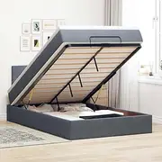 Ottoman Bed Frame with Storage, Mattress & LEDs - Dark Grey King Single Velvet with Metal Base for Bedroom, BedHead & Slats, Folding & Portable - Queen