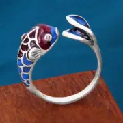 1PC Solid Fine Silver Women Enamel Lucky Fish Carved Band Ring Adjustable