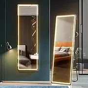 Dystler Full Length Mirror with LED Lights: 160 x 50cm Full Body Floor Mirror Standing Hanging or Leaning Against Wall - 3 Colors & Dimmable Brightness Wall-Mounted Mirror for Bedroom Living Room