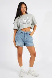 Grey Graphic Tee Crop T-shirt Borg Fluffy Slogan - Size L, Women's Graphic Tee