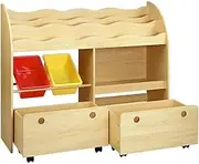 Keezi Kids Bookshelf, 3 Tiers Storage Book Shelf Bookshelves Corner Wall Toy Bookcase Rotating Display Shelves Home Living Room Bedroom Kindergarten Furniture, with 2 Removable Bins Drawers Nature