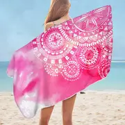 Pink Fog and White Mandalas Microfiber Beach Towel