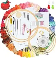Cimeton 143Pcs Embroidery Kit With Colors Threads, Aida Cloth, Bamboo Hoops and Accessories - DIY Cross Stitch Set for Adults Beginners
