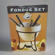 VTG White Dessert Fondue Set 8pcs 4 Forks, Bowl, Stand Candle Warmer NIB Wilton