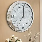Fin Modern Silver Mirrored Wall Clock Gorgeous Diamond Roman Numerals Clock Silent