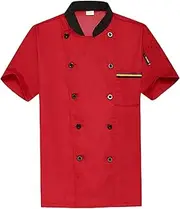 Vaveren Unisex Chef Coat, Short Sleeve Top Shirt, Waiter Waitress Apparel, Chef Jacket, Red, XL