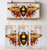 Big Bee 16oz Glass Can, Bamboo Lid Reusable Straw, Iced Coffee Smoothie Beer Can