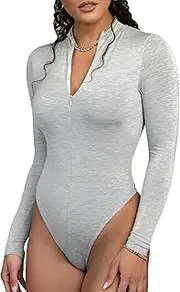 [ZPLxi] Women's Bodysuit Top Long Sleeve Turtle Neck Zip Up V Neck Bodycon Solid Color Stretchy Romper Fall Winter Basic T Shirt