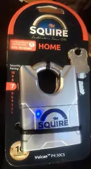 Squire Vulcan P4 50CS padlock. 3 keys. Hardened Boron Steel. 9.5mm dia shackle.
