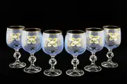 Bohemian Crystal Enameled Colored Wine Goblets, Vintage Blue Glasses Set of 6