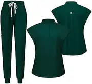 [Meichoon] Women's Medical Scrubs Separate Set Stand-up Neck Stretch Top with 2 Side Pockets Tapered Yoga Pants Soft & Wrinkle Resistant DK55