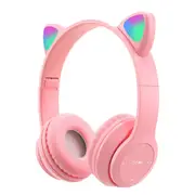 Bluetooth 5.0 Wireless Cat Ear Headset Foldable LED Kitty Headphone-Pink