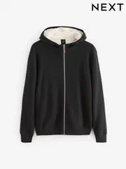 Black Relaxed Fit 100% Cotton Borg Lined Knit Zip Up Hoodie (B99101) | $65
