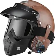 Vintage Bluetooth Open Face Helmet Leather Motorbike Helmet with Visor and Goggles Retro Jet Helmet for Adult Men Women Street Racing Motorcycle DOT/ECE Approved