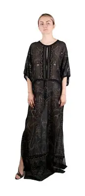 Roberto Cavalli Boho-Chic Black Maxi Kaftan Dress Gold Print Details 50IT-16US